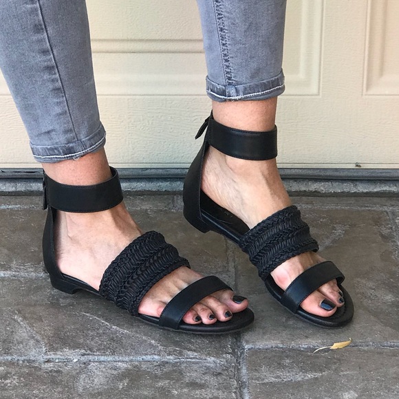 Woven Boho Black Open Toe Ankle Strap Sandals - Picture 2 of 6